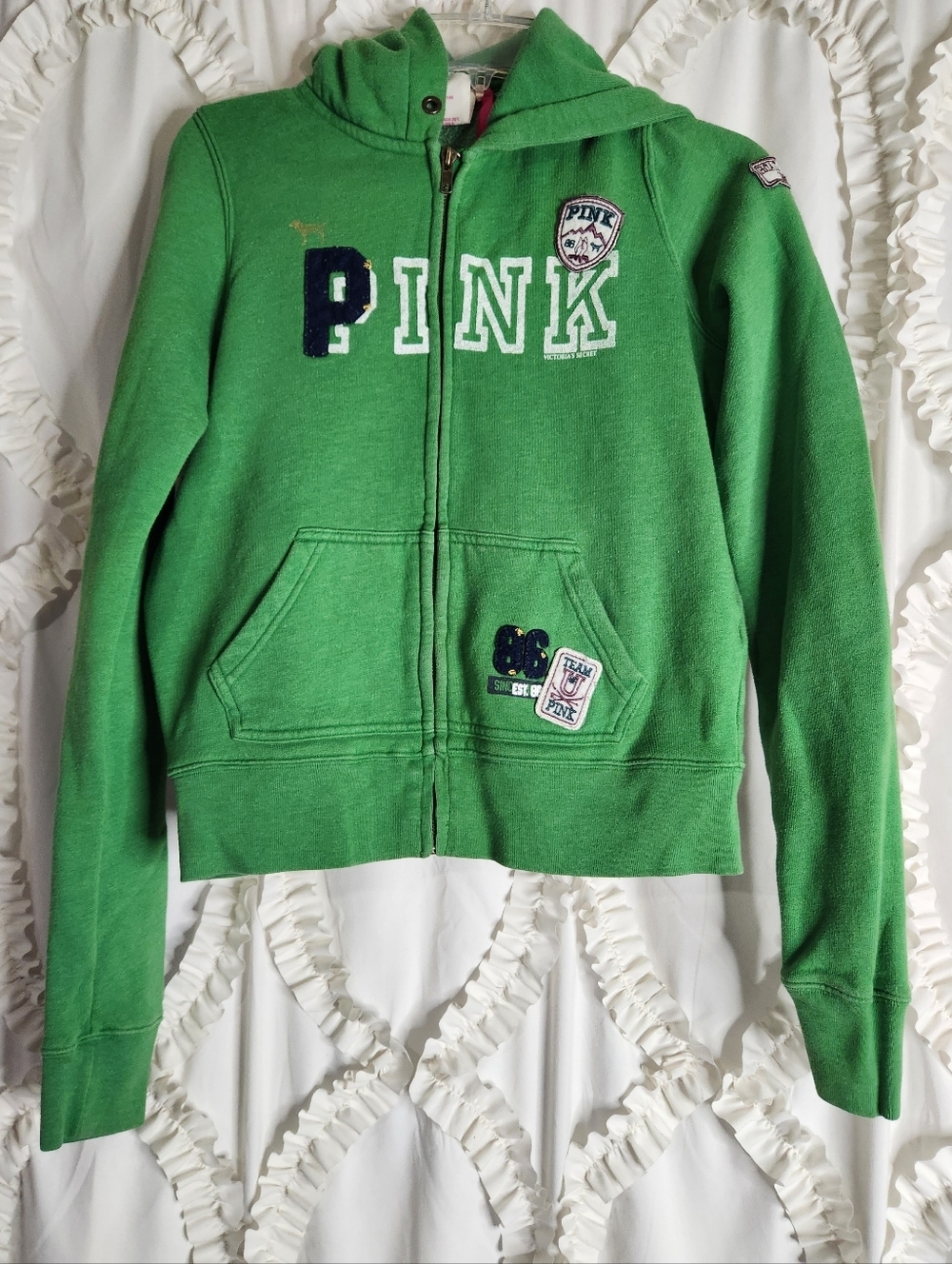 Y2K PINK Victoria's Secret Track Road Trip Patch Zip Up Hoodie Green Sz Small